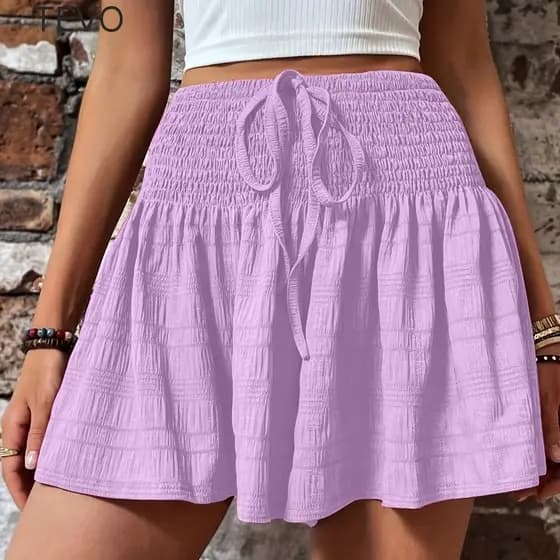 TEVO Saia Feminina Curta E Solta Com Cordão , Calça De Pijama De Verão Plissada Casual Cadarço