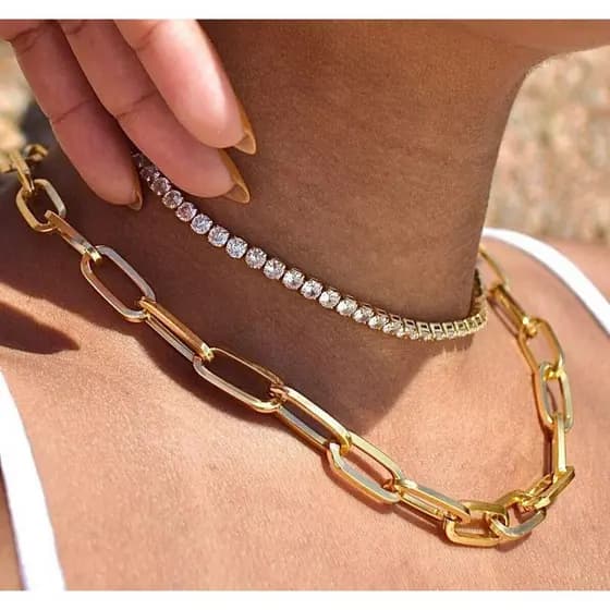 Colar corrente Elos Banhado a Ouro 18k + Choker Riviera Cristal Zircônia