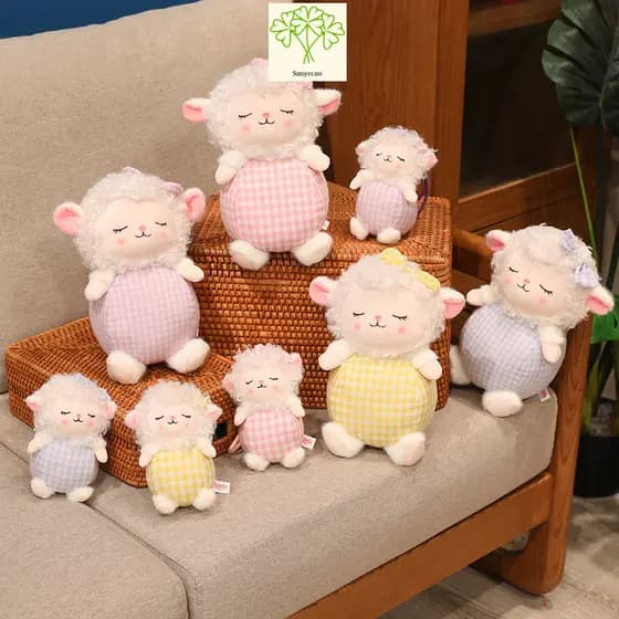 Brinquedo De Pelúcia De Cordeiro Xadrez Fofo Sanyechao , Travesseiro De Boneca De Ovelha Encaracolado Macio , Pingente D