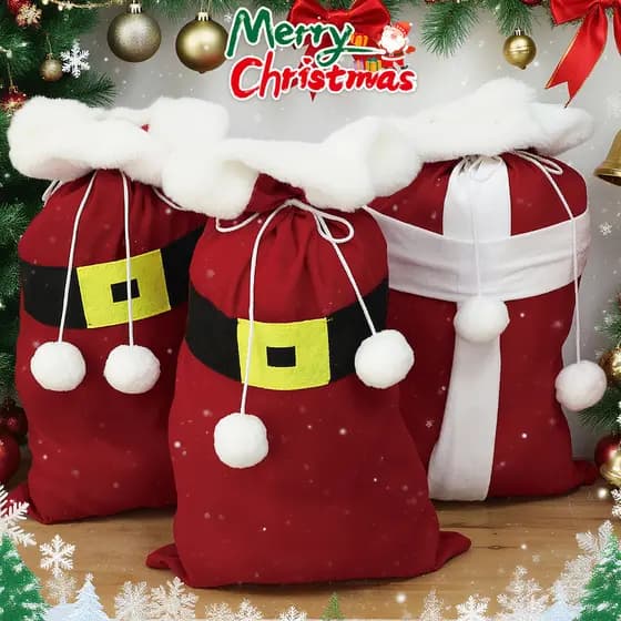 Saco De Presente Flocado De Natal De Grande Capacidade-Decoração De Pelúcia Para Exibição De Embalagem De Festa De Ano N