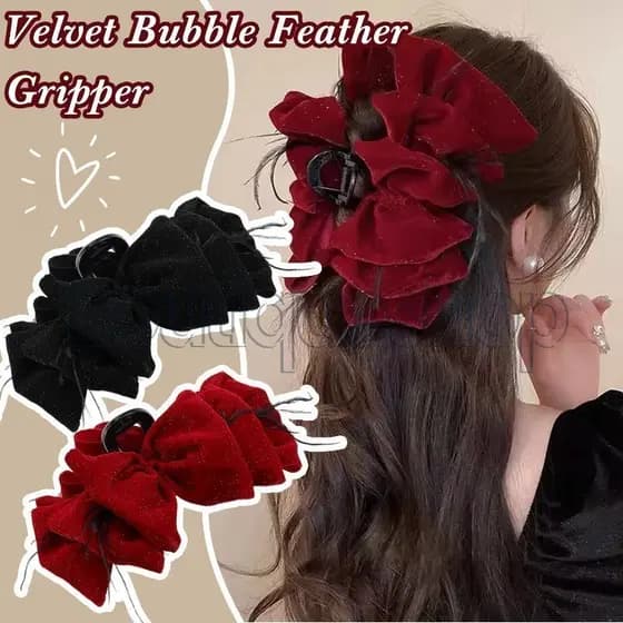 Garra De Cabelo Com Laço De Veludo Vermelho-Clipe De Tubarão Pena De Bolha-Acessórios-Elegante , Temperamento , Y2K-Para