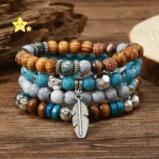 [JBTH] Pulseiras Multicamadas Masculinas Turquesa Vintage Conjunto Étnico Com Contas Para Uso Diário Casual Melhor Amigo