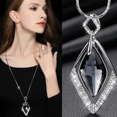 Colar Feminino Longo Clássico Com Pingente Geométrico Azul Cinza Cristal