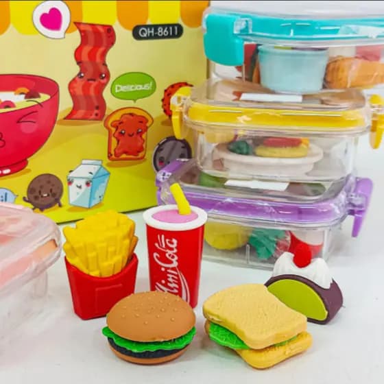 Kit Borrachas Fast Food Hambuguer Batata Realista Papelaria Fofa Material Escolar Qualidade Premium