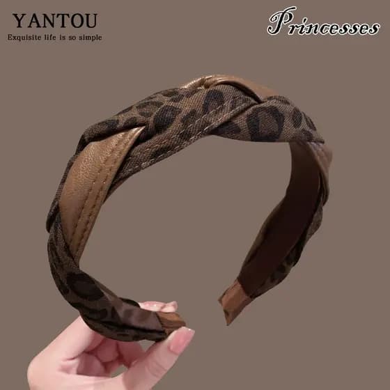 Feminino Leopardo Impressão Malha Bandana Alta Coroa Superior Acessórios De Cabelo Moda Hairband Para Outono Inverno