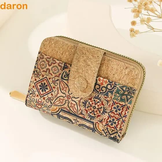 Carteira Impressa Retrô DARON , Bolsa Com Slot Para Vários Cartões Fivela Oculta Zíper Curto , Porta-De Design Portátil