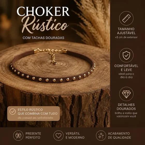 Choker Marrom Country com Tachinhas Douradas | Gargantilha Ajustável com Fecho Níquel Dourado