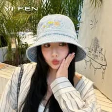 YIFEN lavado Denim balde chapéu feminino estilo coreano primavera verão estilo grande borda pára-sol protetor solar All-
