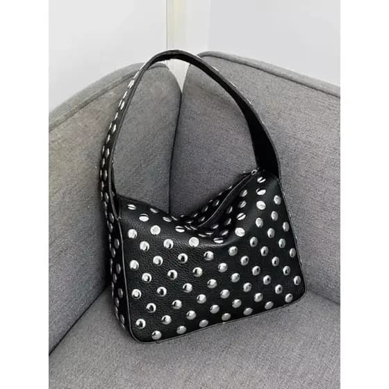 Bolsa de Mão Feminina Estilo Punk com Detalhes em Tachas, Bolsa Tote em PU, Bolsa de Ombro Feminina de Cor Sólida e Eleg