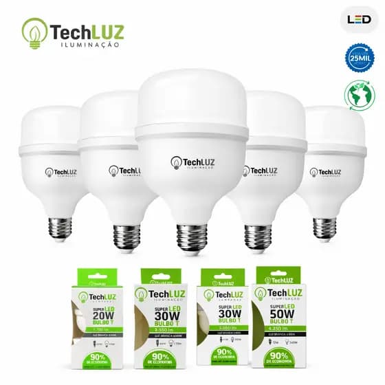 Lâmpada LED 20W 30W 40W 50W Bivolt Luz Branca Forte Econômica Alta Potência TechLuz