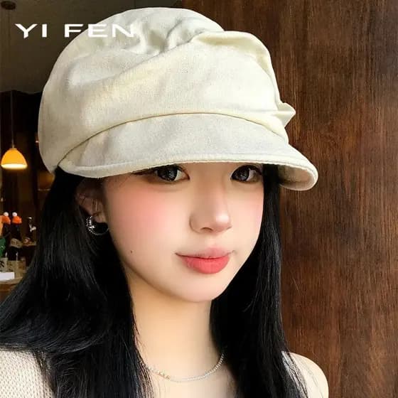 YIFEN High-End sentir boina francês Retro linho plissado feminino primavera verão temperamento mostrando rosto pequeno c