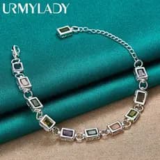 URMYLADY 925 Sterling Silver Square Incrustado Com Pulseira De Corrente De Zircônio Multicolor AAA Para Festa De Noivado