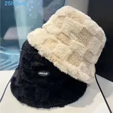 Chapéu Balde Feminino Para Caminhada , Ajustável De Pescador De Inverno De Pele Sintética De Bacia Xadrez Grosso