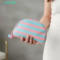 Bolsa Cosmética Listrada CERUBE , Em Formato De Concha Durável Com Borla pom-, Tecido Lavável