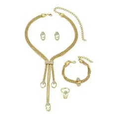 Conjunto de Joias 4 Peças: Colar, Brincos, Pulseira e Anel com Pedras Brilhantes, Estilo Moderno e Minimalista