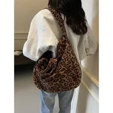 Bolsa Tote de Corduroy com Estampa de Leopardo, Grande Capacidade, Estilo Casual, Bolsa de Ombro Feminina, Para Todas as