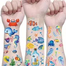 12 Folhas De Adesivo De Tatuagem Com Glitter , Concha , Oceano , Animais Marinhos , Adesivos Temporários , Design Fofo ,