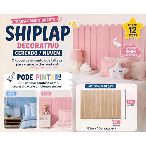 SHIPLAP Kit 12 Ripas Arco Nuvem Decorativo Ripado MDF Cru Ripinha Criança