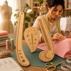 Kit Régua Conjunto Modelista Alfaiate Costura Profissional 3 Peças MDF Premium