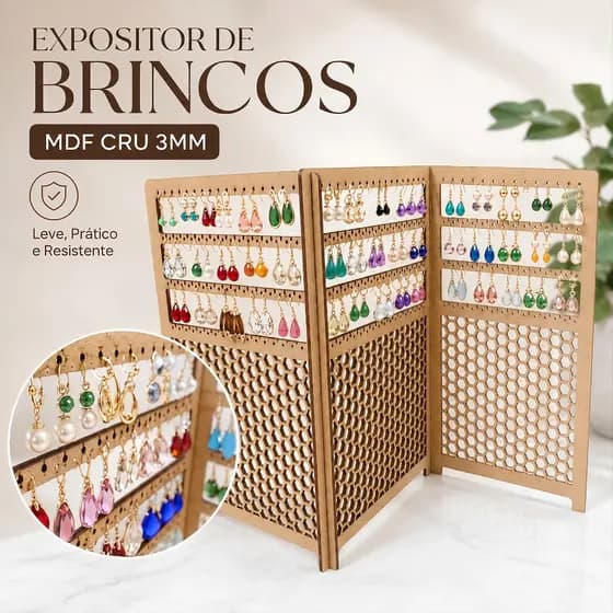 Expositor Suporte Organizador Brincos Joias 200 Furos MDF Cru Premium