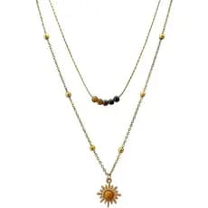 Colar Feminino de Olho de Tigre em Dupla Camada, Pingente Sol Dourado Retrô, Corrente Exclusiva de Contas para Clavícula