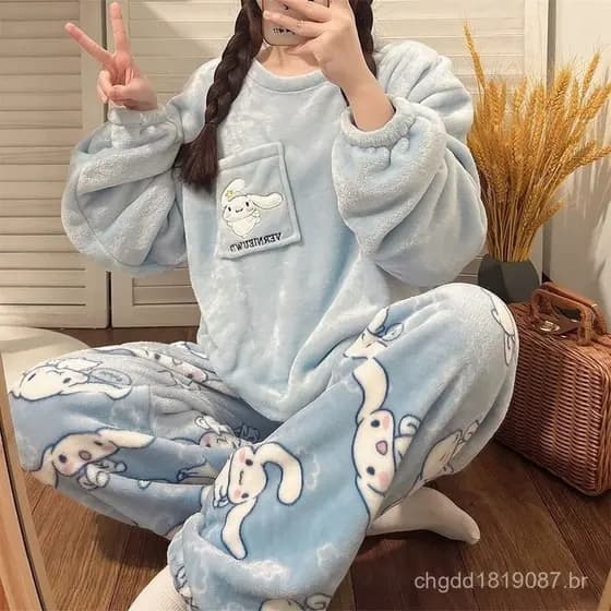 [Envio em 48 Horas] Pijamas Casuais de Flanela Manga Longa Calças de Pijama de Coral Fleece Pijamas de Veludo Femininos