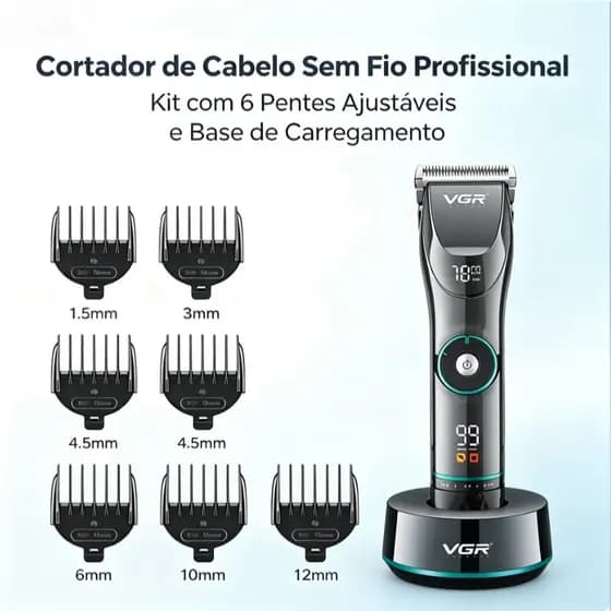 Cortador de Cabelo Sem Fio Profissional VGR com Base de Carregamento + 6 Pentes Ajustáveis Cor Azul