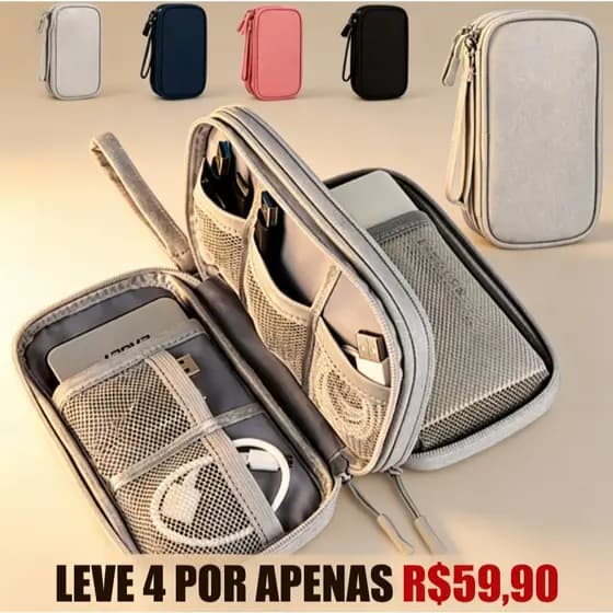 Kit com 4 Peças Necessaire Organizadora de Acessórios, Bolsa Portátil Armazenamento para Celular, Cabos e Fios
