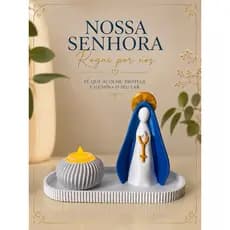 Nossa Senhora Decorativa com Bandeja e Porta Vela LED | Kit Religioso para Decoração e Presente