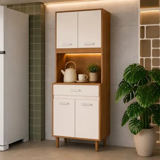 Armário De Cozinha Vertical Torre Quatro Portas Com Gaveta E Espaço Micro-ondas Elegante