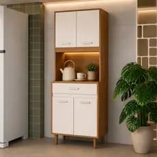 Armário De Cozinha Vertical Torre Quatro Portas Com Gaveta E Espaço Micro-ondas Elegante