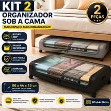 Kit 2 Caixas Organizadoras Sob a Cama com Rodas 360° 80x44x16cm Dobrável Antipoeira Grande Capacidade