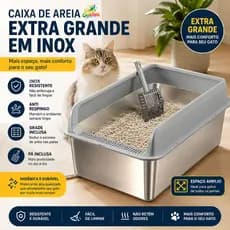 Caixa de Areia Extra Grande para Gato em Inox com Pá e Grade Anti Respingo