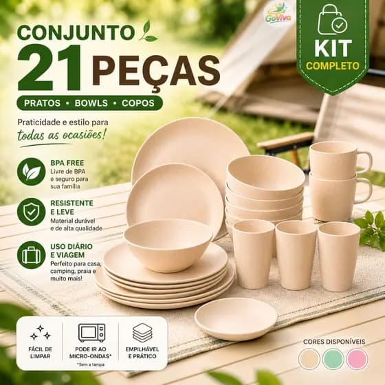 Kit Jogo de Pratos 21 Peças Colorido Pratos Fundos Rasos Bowls BPA Free Resistente