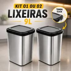 Kit 1 ou 2 Lixeiras Inox Premium 9L Tampa Click Moderna Cozinha Banheiro Compacta Fácil Limpeza
