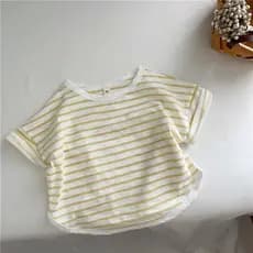 Crianças listrado camiseta de manga curta verão fino Slub algodão masculino feminino bebê em torno do pescoço caído Shou