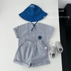 Crianças terno de manga curta verão novo estilo listrado solto estilo ocidental bolso bebê menino Casual meia manga Shor