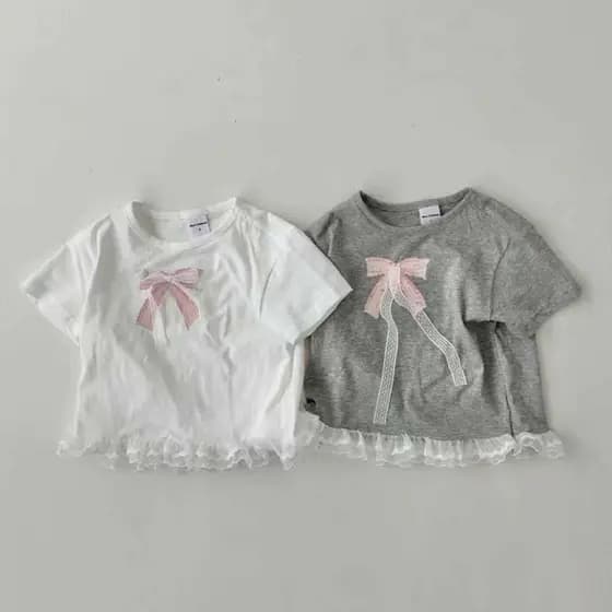 Crianças roupas de verão ins versão coreana bebê menina arco manga curta camiseta estilo fino meninas renda borda em tor