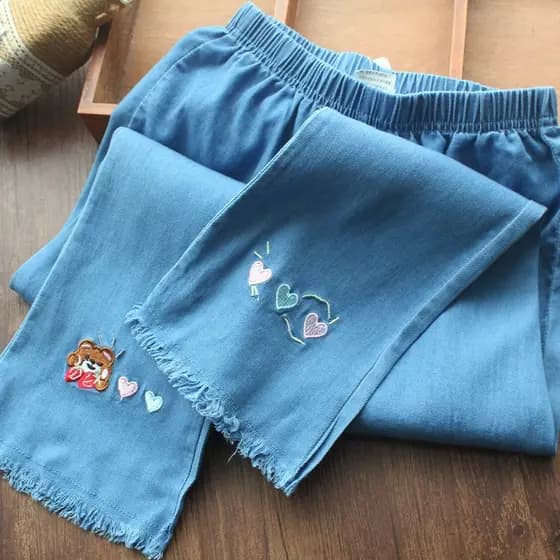 Feminino bebê verão novo estilo médio grande crianças Tencel algodão queimado calças amor urso Mosquito calças meninas b