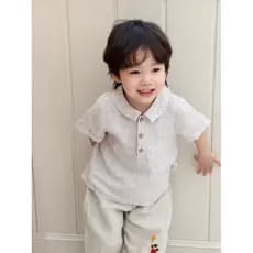 Camisa de manga curta para menino de linho francês lapela Top classe A bebê menino verão passeio fino ins Little Alice