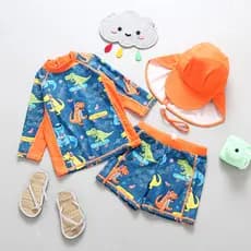 Han Fan Maiô infantil menino dinossauro maiô de manga comprida dividido protetor solar infantil calças terno na moda