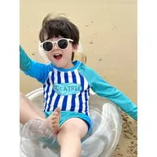 Novo estilo coreano grande médio pequeno crianças dividir maiô menino bebê de manga comprida listrado protetor solar de