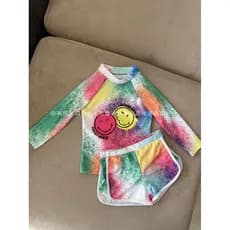 Crianças estilo coreano Split maiô Shorts de manga comprida Smiley rosto de secagem rápida protetor solar cor grande méd
