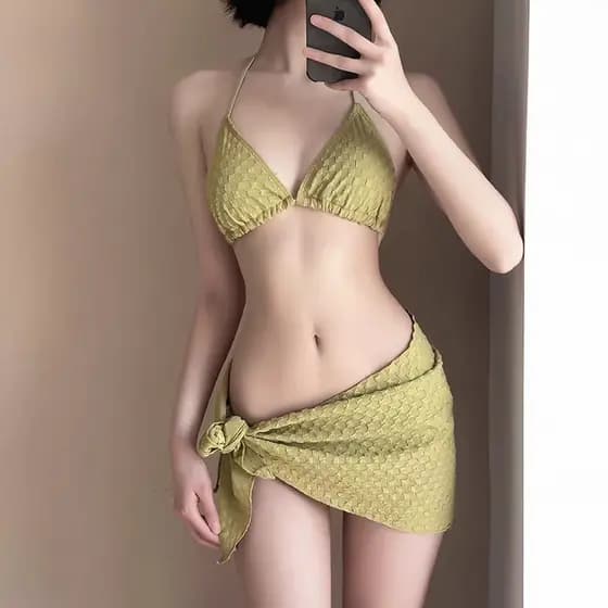Biquíni maiô feminino conjunto de três peças primavera quente maiô feminino High-End Split pequenos seios reunindo puro