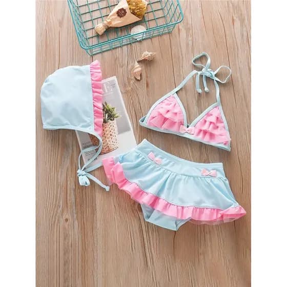 Novo estilo de maiô infantil doce menina bebê princesa dividido biquíni de secagem rápida com touca de natação