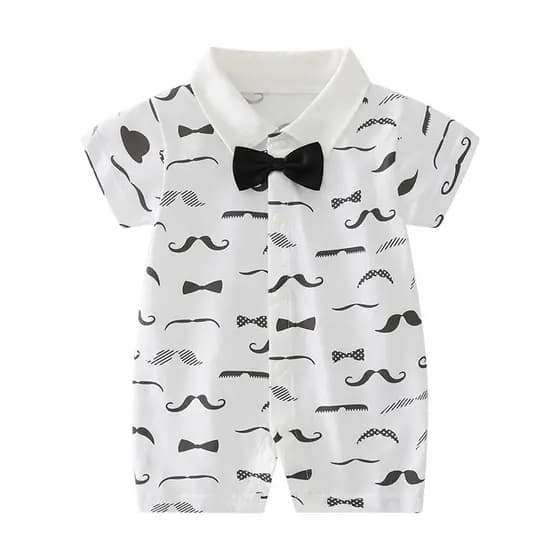 Macacão de bebê menino verão manga curta lapela barba impresso macacão recém-nascido cavalheiro vestido de algodão macac