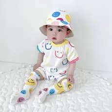 Verão de manga curta macacão contraste cor Smiley rosto bebê macacão bebê menino moda versão coreana Casual macacão bebê