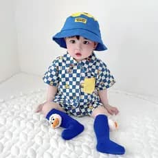 Coreano moda moda roupas da moda menino bebê macacão xadrez dos desenhos animados do bebê macacão verão na moda