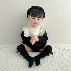 Versão coreana roupas infantis primavera outono inverno estilo bebê menina macio estilo ocidental macacão bebê preto ver