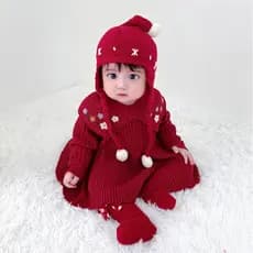 Feminino bebê primavera outono estilo outono inverno vinho vermelho saia de malha vestido de bebê de malha bordado princ